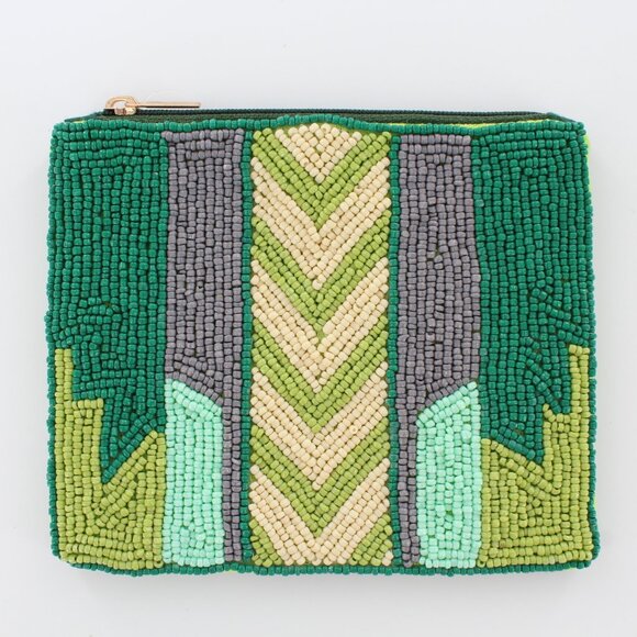 New KAY LEE NY Beaded Green Chevron Coin Purse/Makeup Bag ❤️Made in India❤️ - Picture 1 of 3